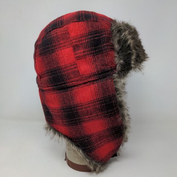 Goodfellow & Co Men's Trapper Hat Red Plaid One Size Vegan Fur Trim Ear Flaps - Picture 6 of 10